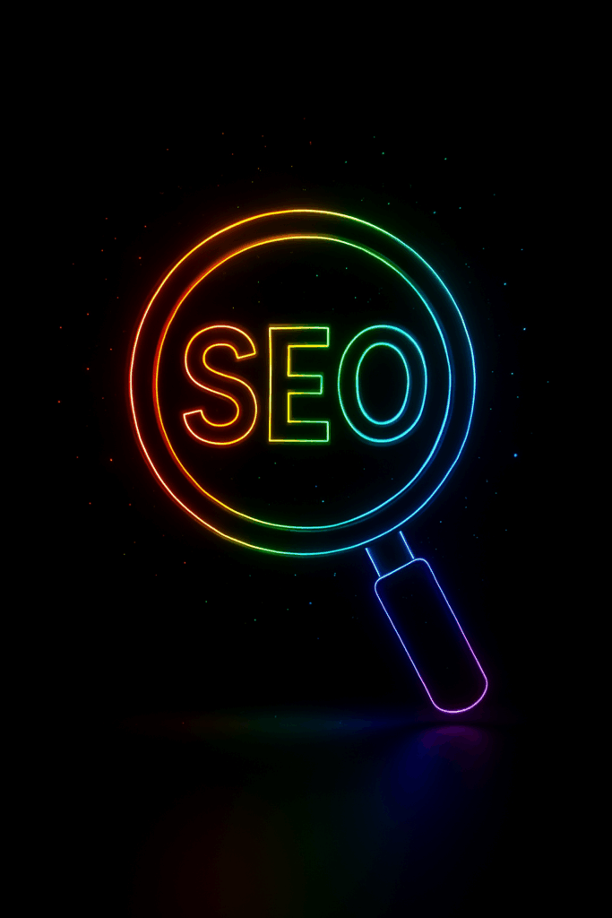 SEO services illustration by TPHN Digital Solutions – neon rainbow magnifying glass with glowing SEO text on a black background, symbolising search engine optimisation for better website ranking.