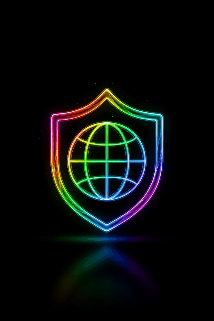 Domains and SSL security illustration by TPHN Digital Solutions – glowing neon rainbow shield with globe icon on a black background, providing secure digital solutions for small business.