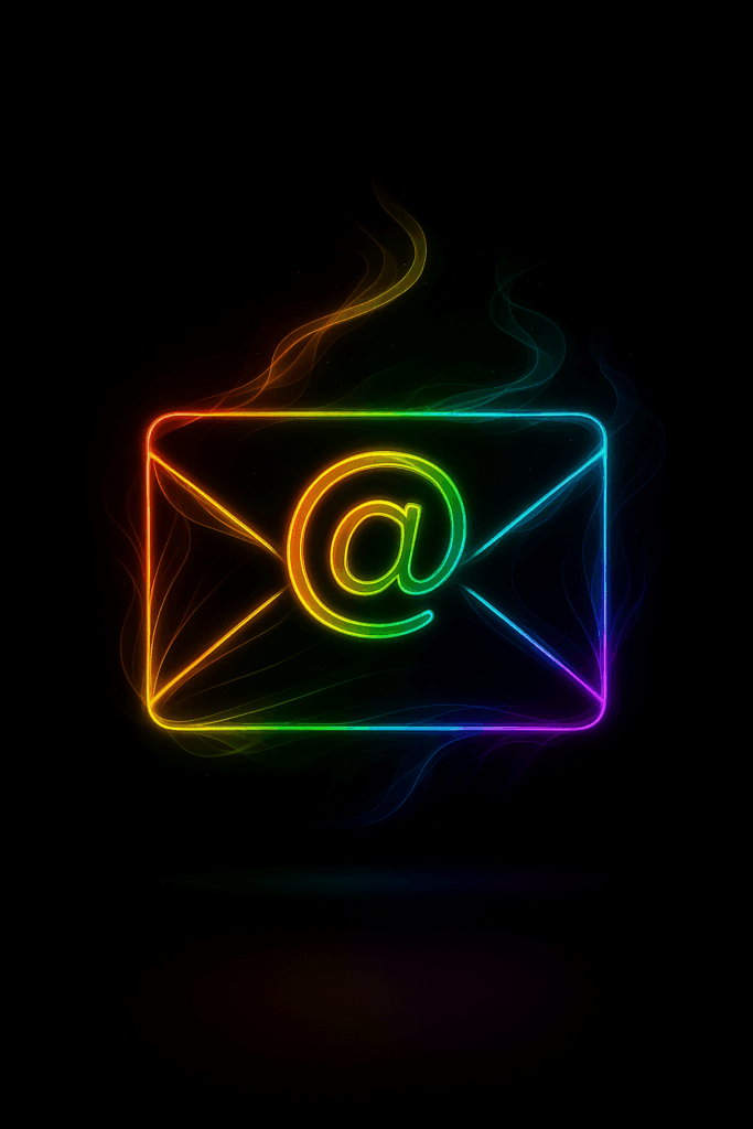 Professional email services illustration by TPHN Digital Solutions – neon rainbow envelope with glowing @ symbol on a black background, showcasing reliable digital solutions for small business.