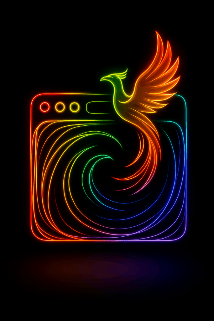 Custom website design and development illustration by TPHN Digital Solutions – neon rainbow browser window with creative digital swirl on a black background, representing digital solutions for small business.