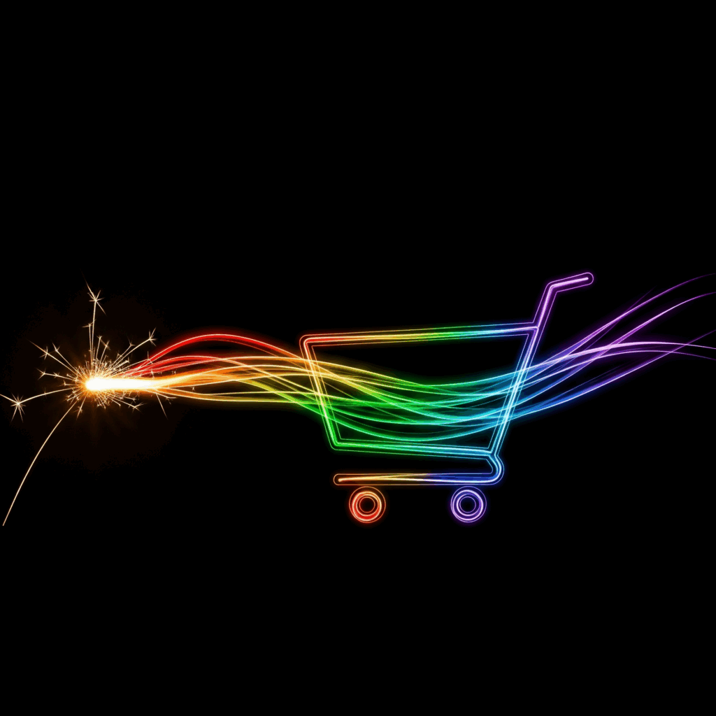 A spark of light forming a rainbow-colored shopping cart, symbolizing the Ignite eCommerce small business website plan.