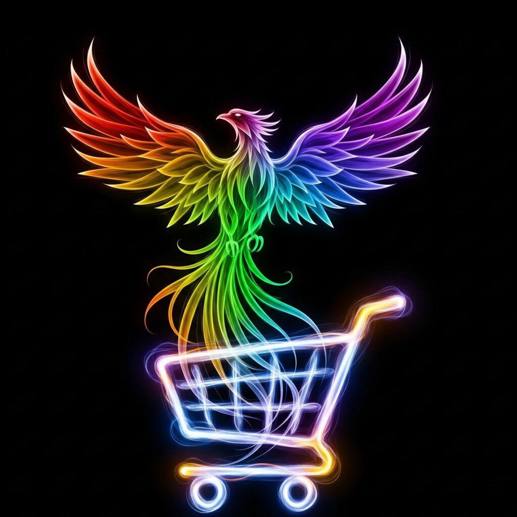 A vibrant rainbow phoenix rising from a glowing shopping cart, representing the flagship Phoenix eCommerce small business website plan.