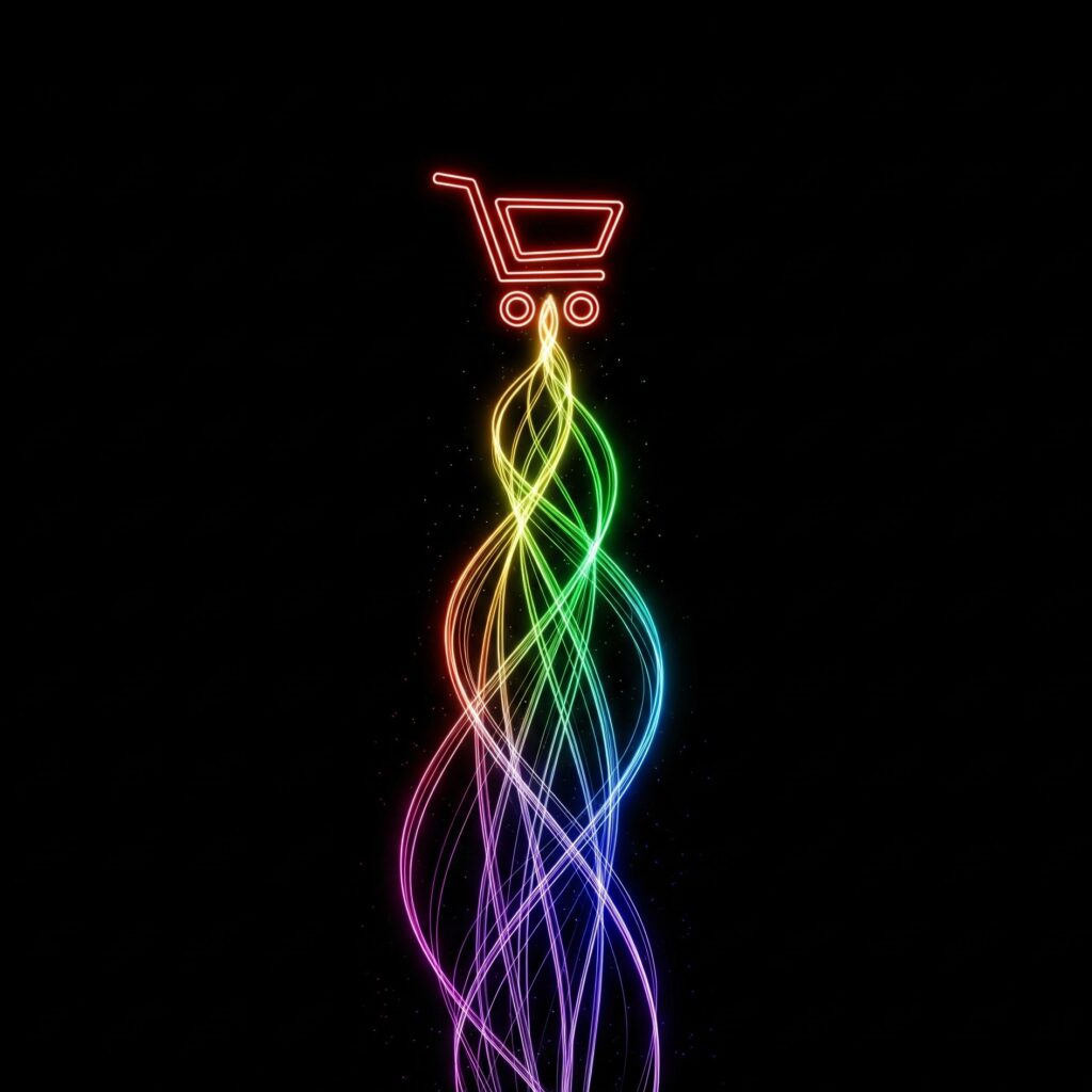 Rising streams of rainbow light forming a shopping cart icon for the Rise eCommerce small business website plan.