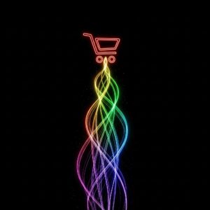 Rising streams of rainbow light forming a shopping cart icon for the Rise eCommerce small business website plan.